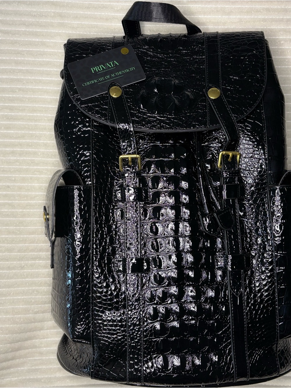 Privata Black Patent Crocodile Embossed Faux Leather X Large Backpack with COA